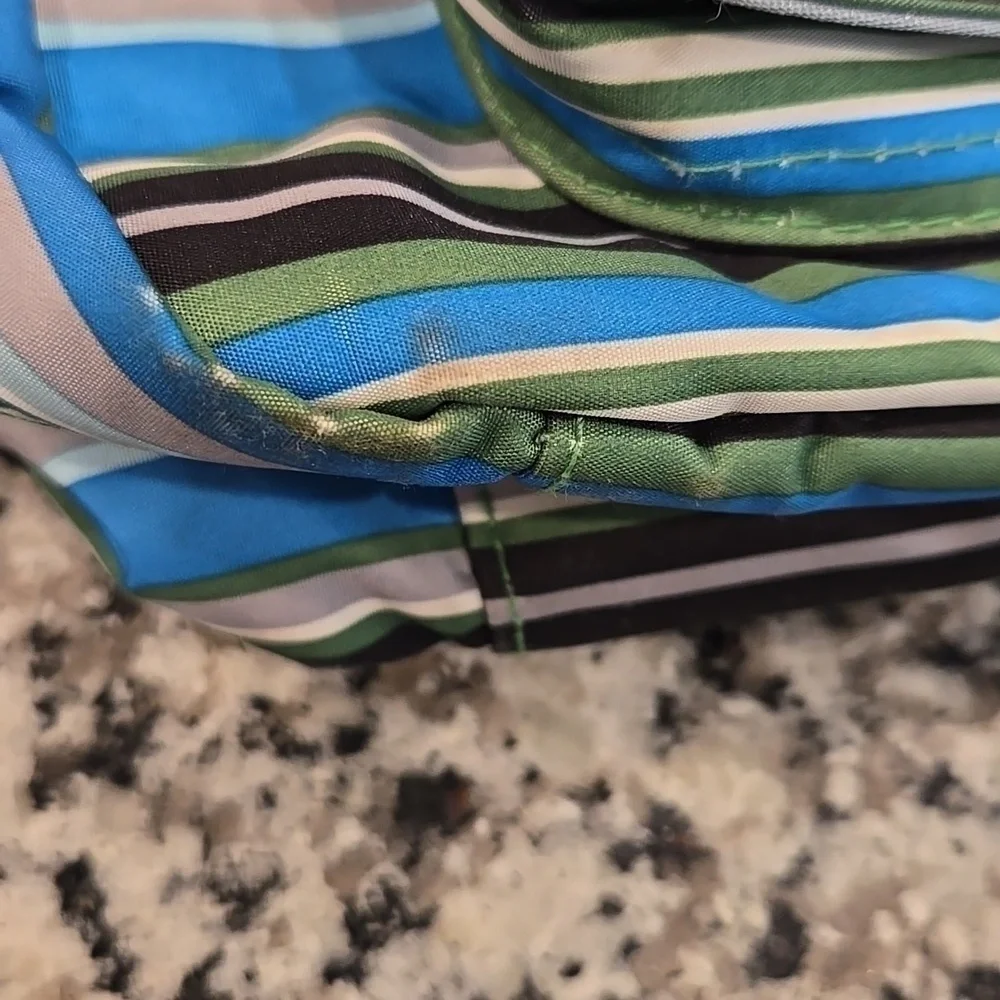 JU JU BE BETTER BEE STRIPED MESSANGER DIAPER BAG WITH CHANGING PAD.